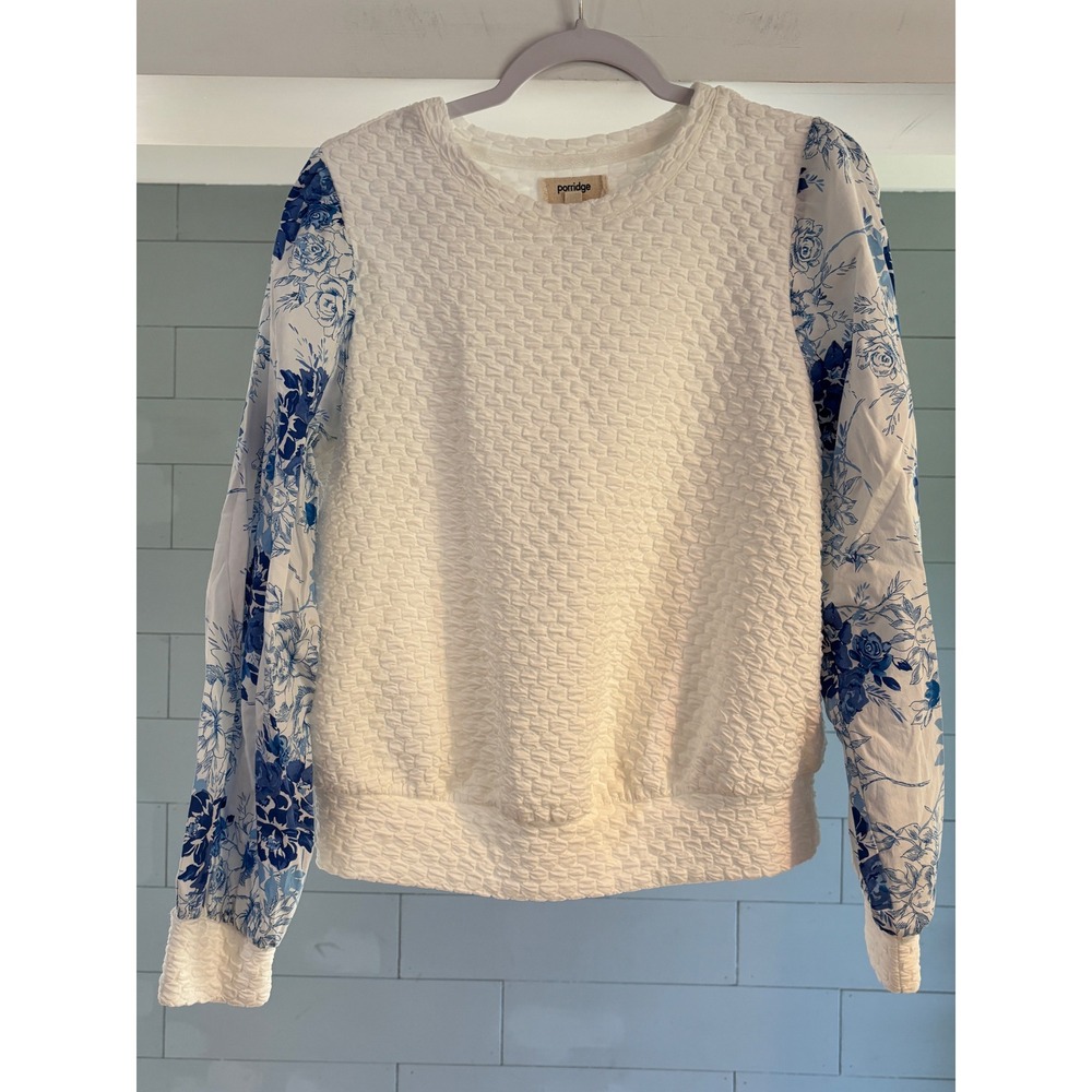 Porridge Clothing Cream Textured Knit Blue Floral Balloon Sleeve Top Medium